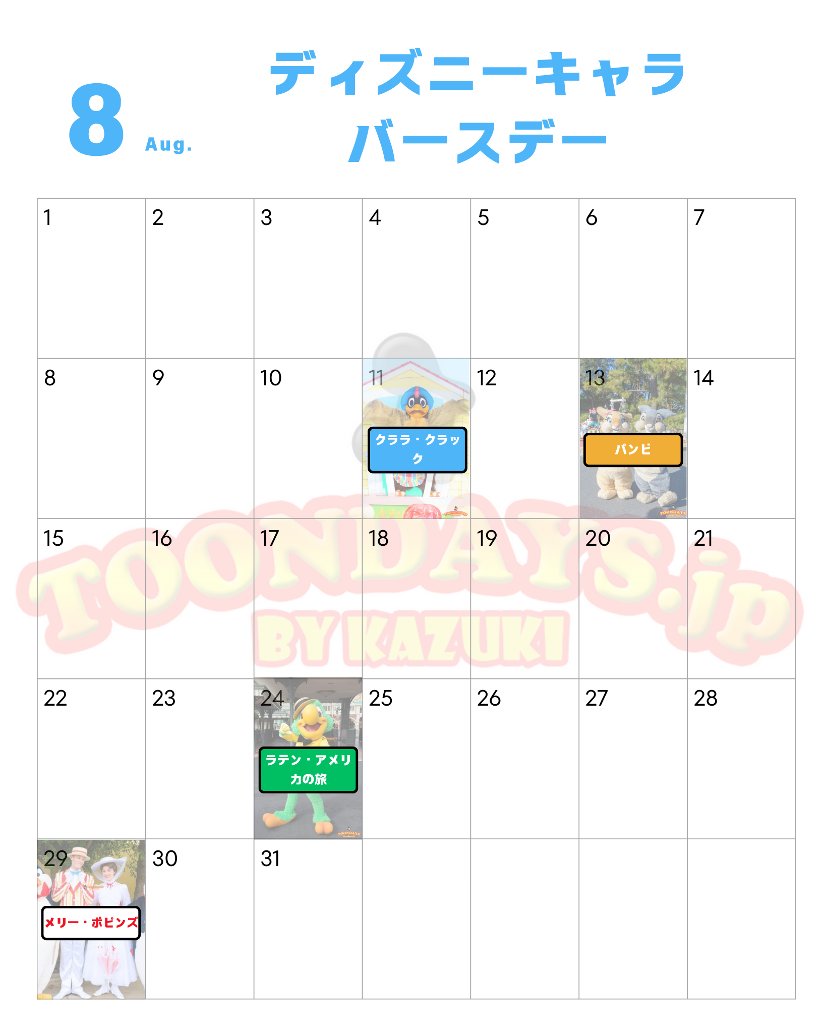 8月のディズニーキャラクター誕生日一覧