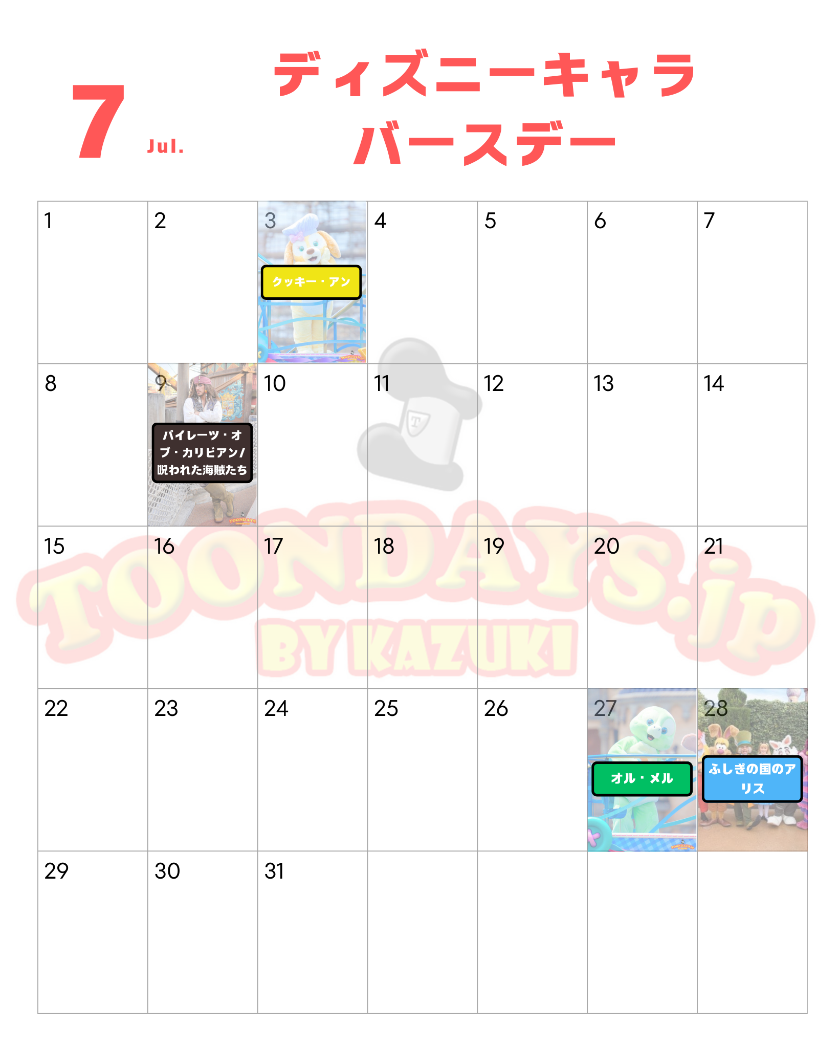 7月のディズニーキャラクター誕生日一覧