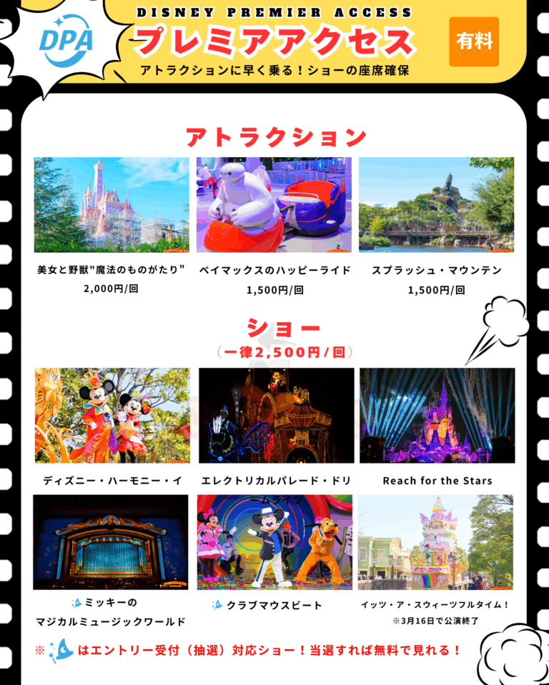 東京ディズニーランドの「ディズニー・プレミアアクセス（DPA）」の対象アトラクション＆ショー・値段一覧